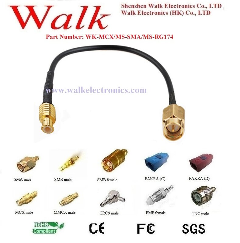 Assemblage de câble RF/câble de raccordement/Pigtails: MCX mâle droit à SMA mâle droit avec câble rg174