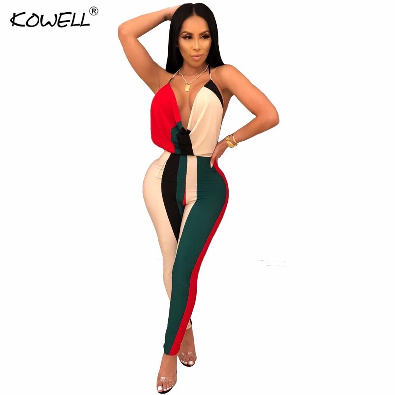 hot sell sleeveless sexy women jumpsuit romper Summer deep v neck patchwork backless long playsuit fitness overalls party club