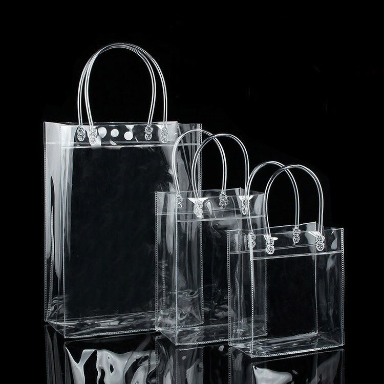 Saco de presente em pvc com alça, saco plástico transparente para embalagem de vinho, bolsa em pvc, sacola da moda com botão, para festas, 10 peças