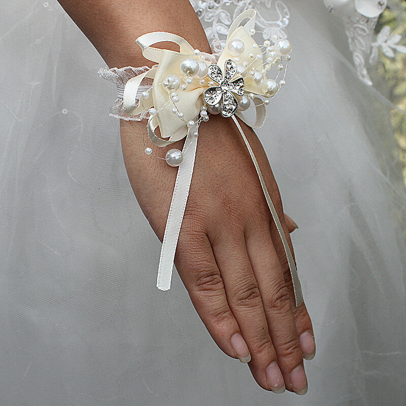 Wifelai-a Ivory Bow Flowers Pearl Beaded Wrist Flowers Bride Ribbon Crystal Hand Flower Wedding Corsages SW175-Z