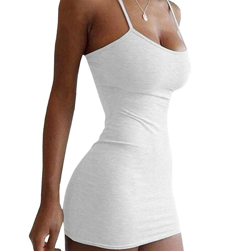 Womens Summer Casual Cotton Stretchy Dress Sexy Spaghetti Strap Mini Bodycon Sleeveless Solid Elastic Thin Shoulder Dress