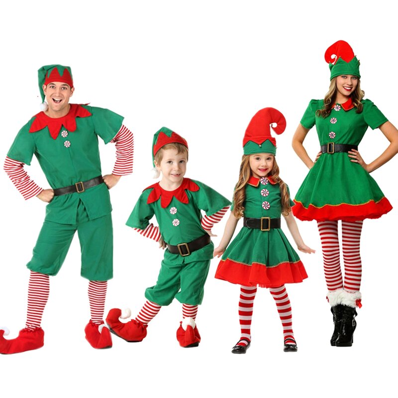 Kerst Kerstman Kostuum Groene Elf Cosplay Familie Carnaval Party Nieuwjaar Fancy Dress Kleding Set Voor Mannen Vrouwen Meisjes jongens
