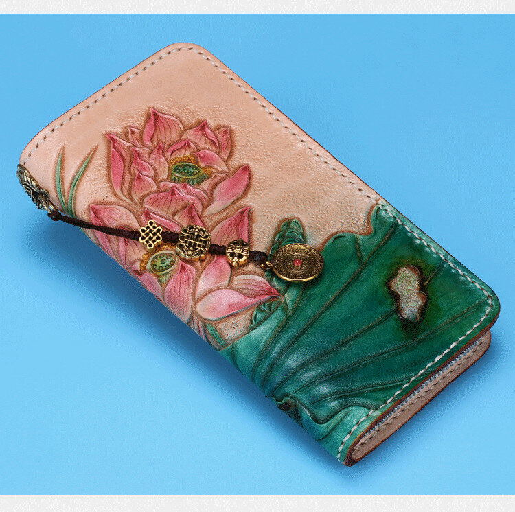 Bolsa de lótus de couro artesanal para mulheres, bolsas longas, carteira de couro bronzeada vegetal, presente do dia das mães