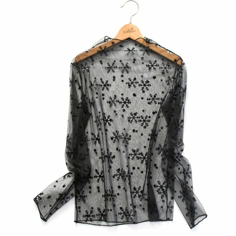 Женская простая сетчатая рубашка, весенняя, Просвечивающая, кружевная, в полоску со снежинками, блестящий пуловер, топы с имитацией шеи, тонкий, длинный