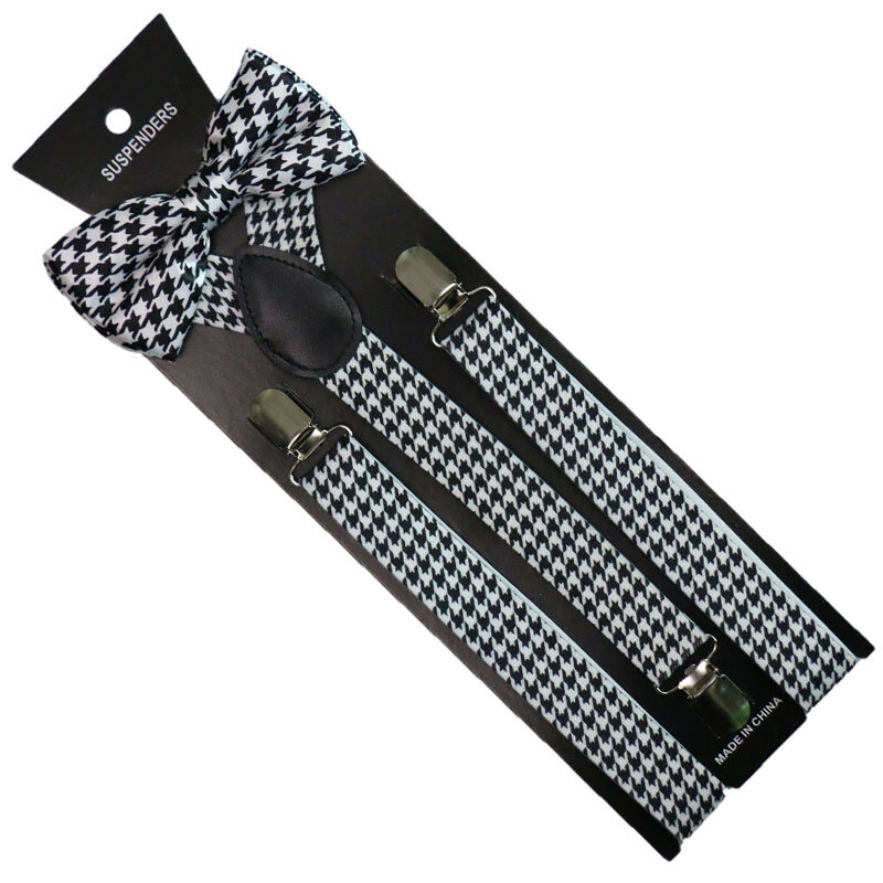 Winfox del Nero di Modo di Pied De Poule Bianco Bow Tie E Bretelle Set Per Le donne Degli Uomini