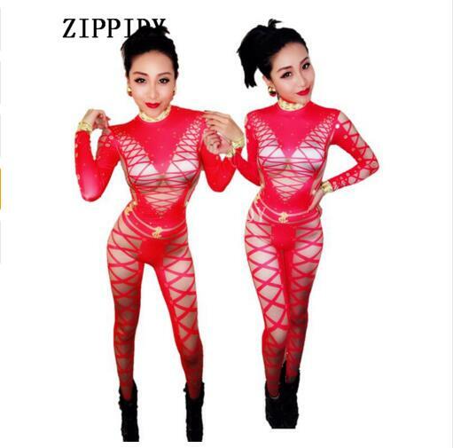Fashion Zwart Rood Sexy Bandage Gedrukt Jumpsuit Zangeres Danser Kostuum Stretch Bodysuit Prestaties Dans Slijtage