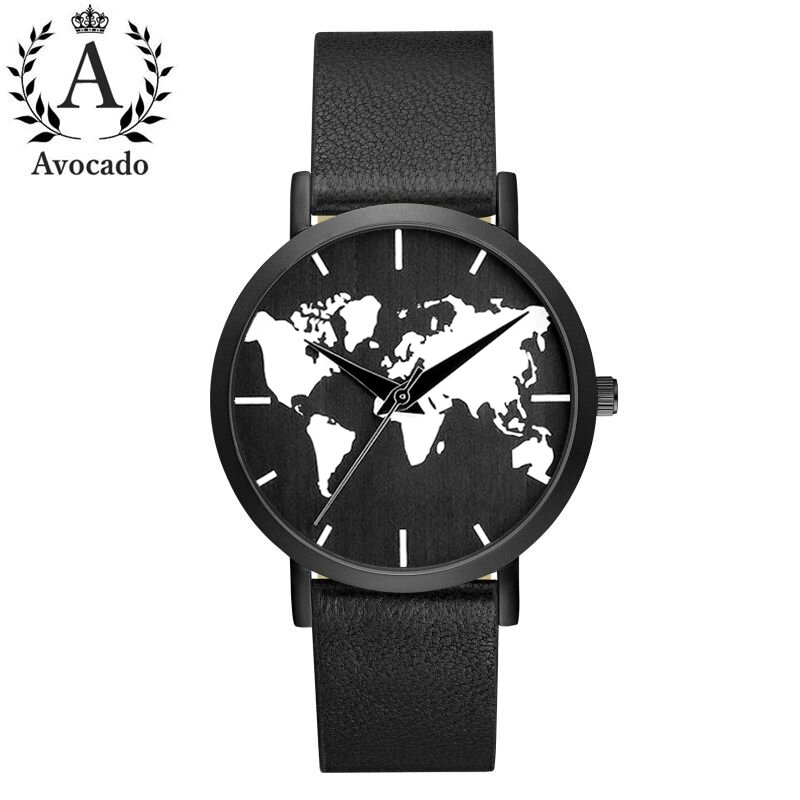All Black World Map Watch Leather Strap Quartz Movement 3 Hands Men And Women Timer Clock Gift