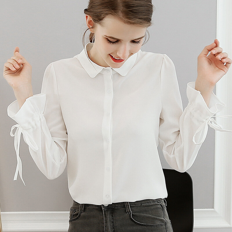Весенне-летняя Шифоновая Блузка Новая Корейская женская модная тонкая однотонная приталенная рубашка с длинными рукавами офисные женские повседневные топы H9068