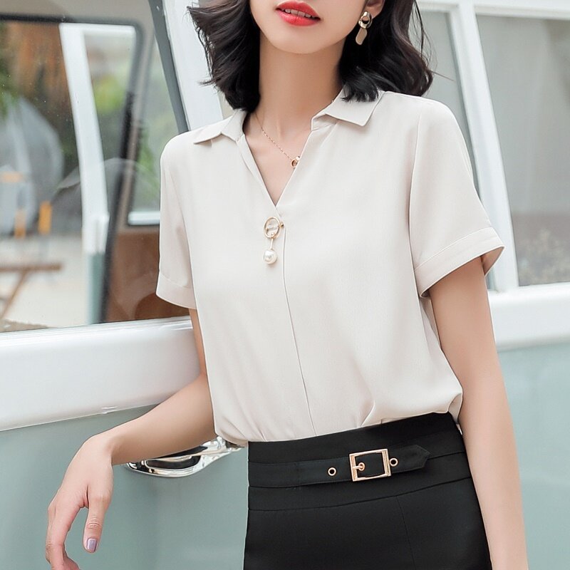 Kobiet biznesu popy i bluzki V Neck lato jednolity kolor koszula damska Ol koreański moda kobieta odzież urząd Wear DD2079
