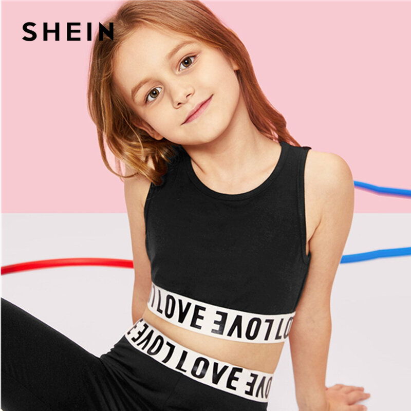 Shein preto carta impressão colheita topo e calças meninas roupas de duas peças conjunto 2019 ativo wear moda sem mangas crianças roupas