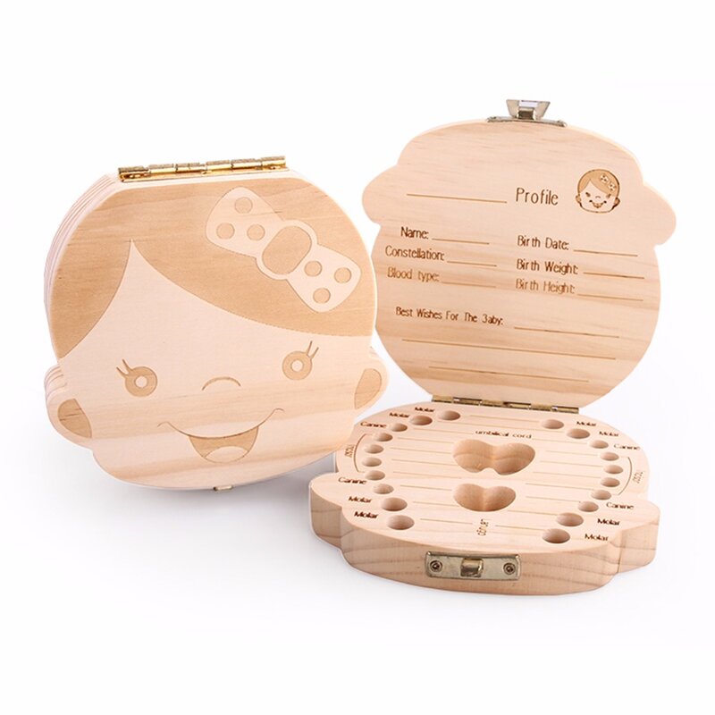 English Spanish Russia Text Baby Boy Girl Fallen Tooth Box Storage Natural Wood Case Save Milk Teeth Collection Organizer Holder