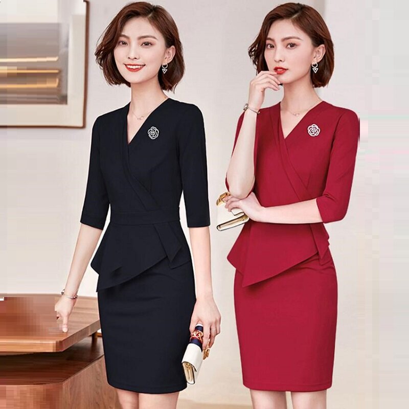 Koreanische Frauen Business Anzug Kleid Herbst Winter 2019 Büro Uniform Designs Frauen Formale Kleid Salon Spa Arbeitskleidung Ol Stil DD2032