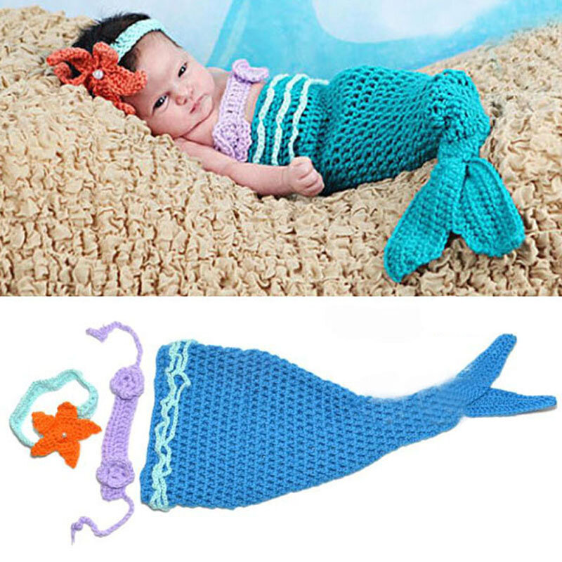 Baby Crochet Mermaid Tier Kostüm Set Newborn Foto Requisiten Infant Gestrickt Perle Kokon mit Blume Stirnbänder SG051