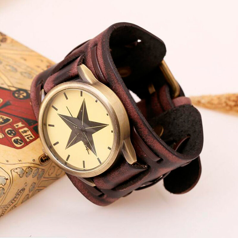 Heißer Retro Breite Kuh Leder Armband Uhr Vintage Männer Handgelenk Uhren Casual Big Star Quarz Uhr Uhr Relogio reloj DropShip