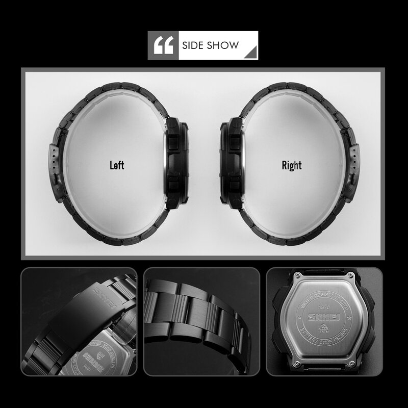 SKMEI-남성용 패션 스포츠 시계, 스테인레스 스틸 스트랩, 남성용 시계, 스톱워치, 크로노그래프 방수 손목시계