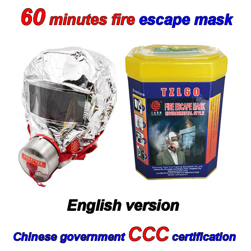 60 minut maska przeciwpożarowa opakowanie angielskie promieniowanie cieplne maska przeciwpożarowa certyfikat CCC maksymalny czas ochrony maska przeciwpożarowa