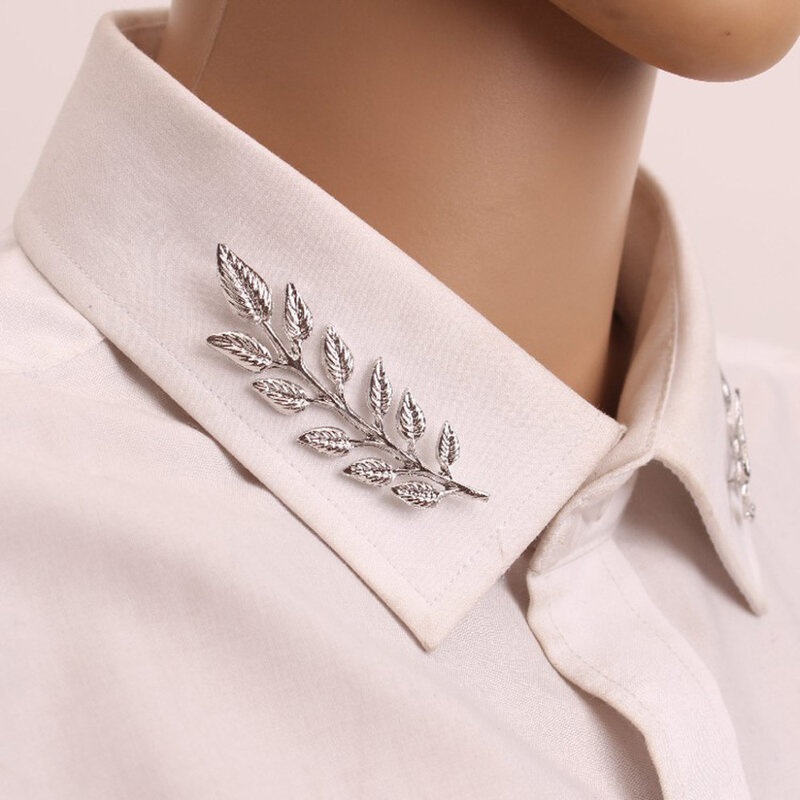 Vintage Alloy Shirt Collar Leaf Brooch Gorgeous Wheat Leaf Branch Gold Silver Neck Tip Brooch Collar Pin Match Clothes