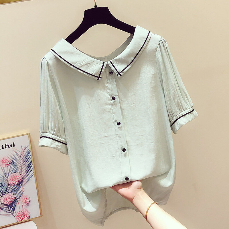 Sommer Neue Koreanische Chiffon-Shirt Mädchen Kurzarm Drehen Unten Kragen Bluse Frauen Student Mode Adrette Top Shirts H9094