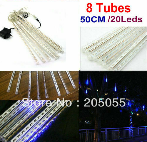 50Cm 8 Tube (20Leds/Tube) 160Leds String LED Lampu Hujan Meteor Lampu Dekorasi Pohon Natal-Biru