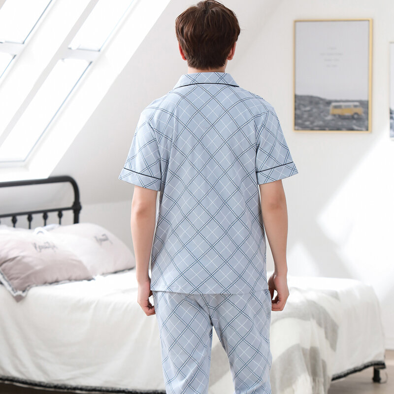 Conjunto de pijama de algodón para hombre, ropa de dormir de manga corta con estampado a cuadros, fina, informal, para el hogar, 2024
