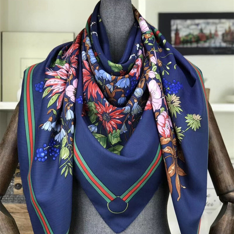 Foulard en soie avec impression de fleurs en treillis, grande écharpe carrée, décoration, cadeau pour femme, châle de haute qualité, 130x130, nouvelle collection