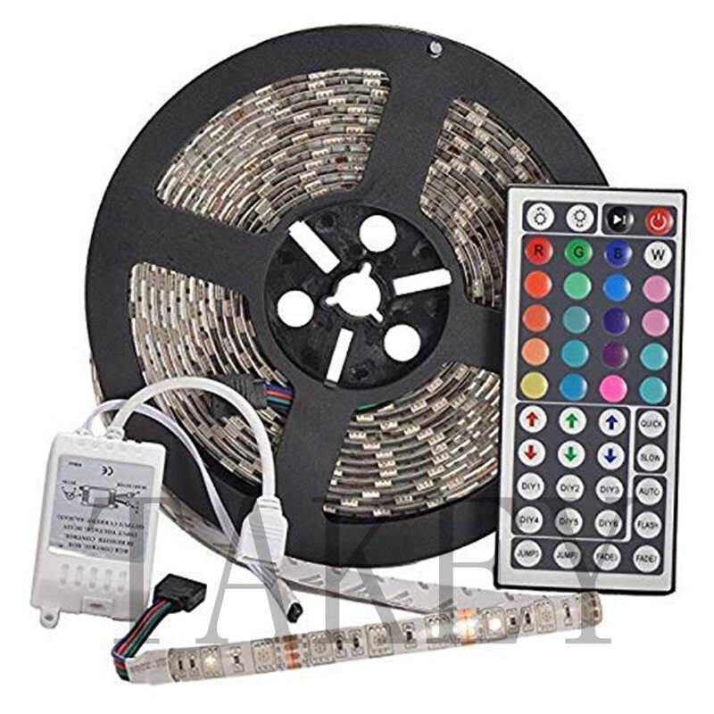 Tira de luces LED RGB 5050 con Control remoto, cinta de luz de 44 teclas, adaptador de 12V y 3a, resistente al agua, 5m