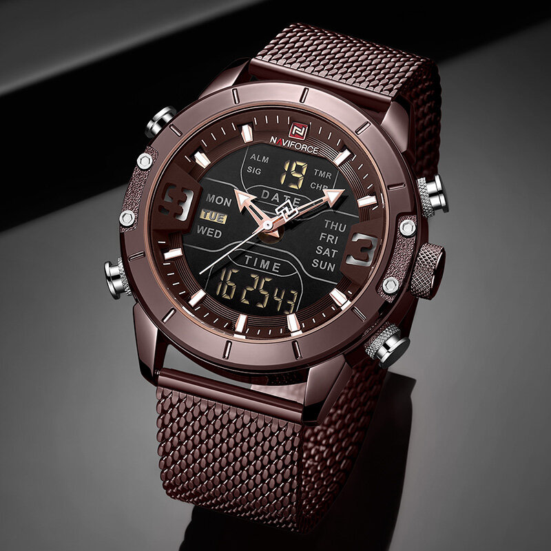 2019 NAVIFORCE analógico Digital relojes de los hombres de la marca de lujo Acero inoxidable deportes hombres relojes Digital Reloj de hombre resistente al agua deporte