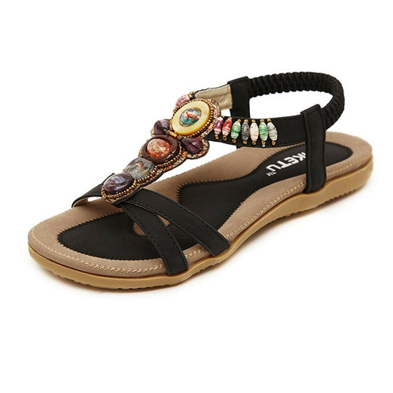 New Women Sanda Fashion Sweet Beaded Clip Toe Flats Bohemian Herringbone Sandals Non-slip rubber soles Solid summer shoes 2019