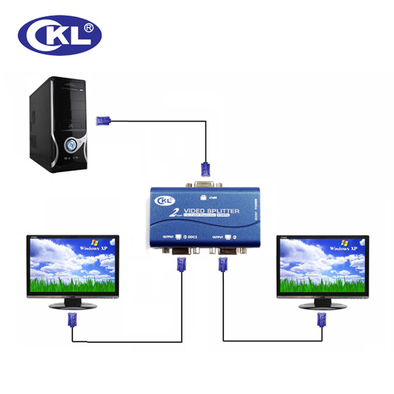 Wysokiej jakości Konwerter Adapte CKL 2 Port Splitter VGA 450 MHz 2048*1536 Obsługuje DDC, DDC2, DDC2B USB Powered Obudowa Z Tworzywa Sztucznego