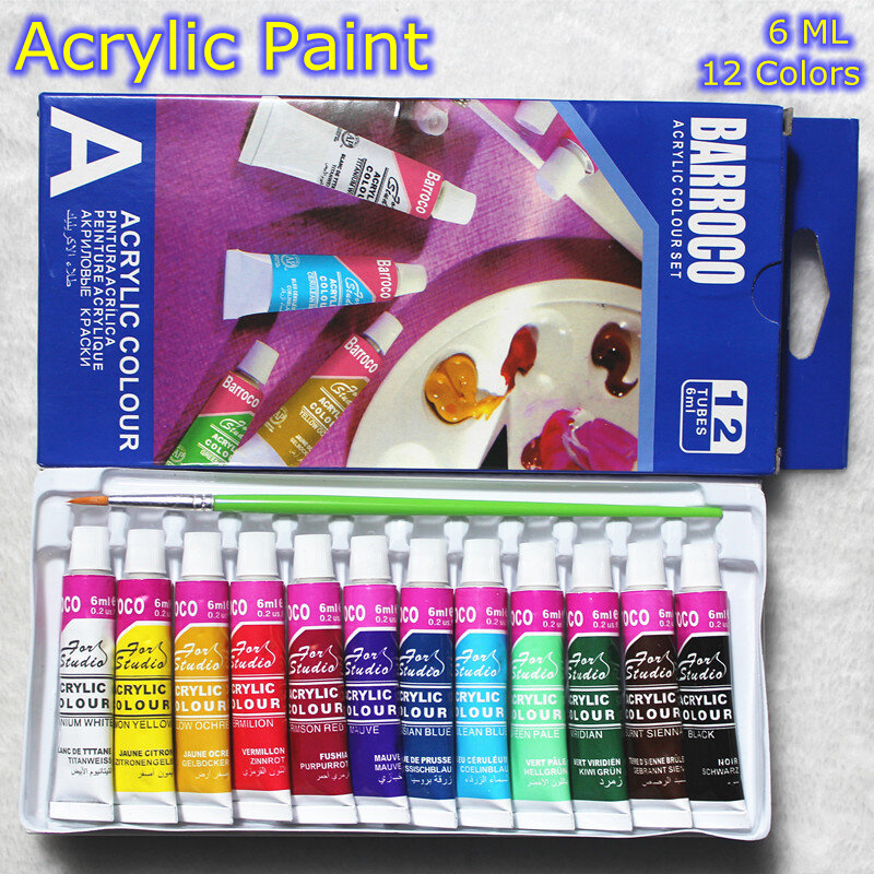 Conjunto de tinta acrílica profissional, 6 ml, 12 cores, pintura de parede, pintura têxtil, cores, suprimentos, arte brilhante, pincel grátis