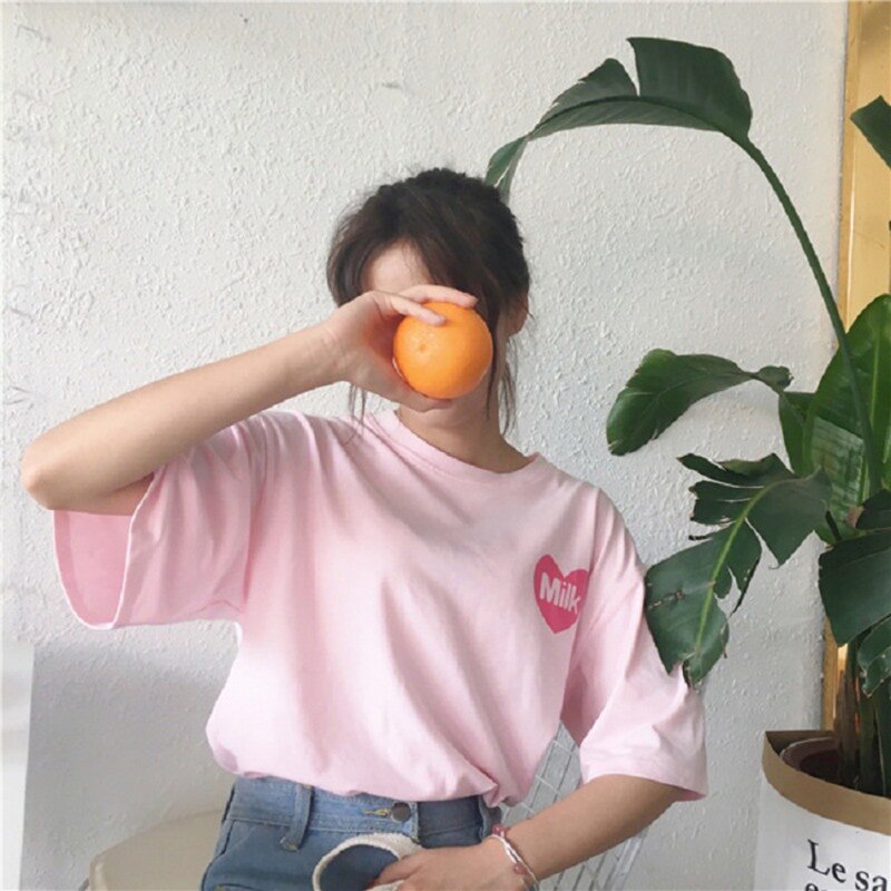 Kawaii das mulheres Harajuku T Camisa 2018 Mulheres Verão T-shirt de Algodão Leite Impressão Solto Manga Curta Camiseta Femme
