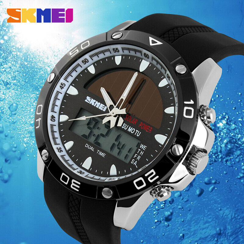 Relógio impermeável masculino de energia solar, relógios de pulso esportivos casuais masculinos, quartzo digital de 2 fusos horáriosRelógio LED