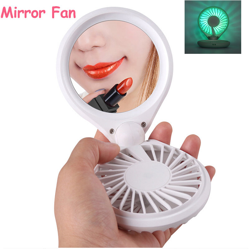 2019 NOVO design Fã Espelho Portátil espelho de Bolso cosméticos espelho fã fora andando ventilador com DIODO EMISSOR de luz