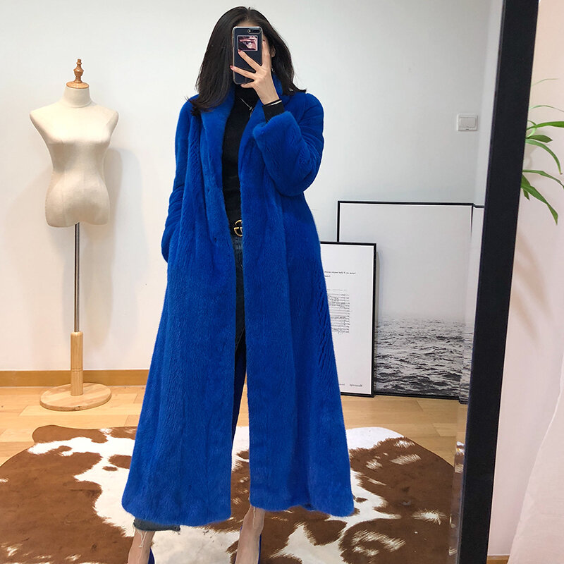 Donne vera pelliccia di visone cappotto lungo temperamento femminile maniche lunghe giacca di pelliccia di visone velluto-grado auto-miglioramento forcella posteriore blu