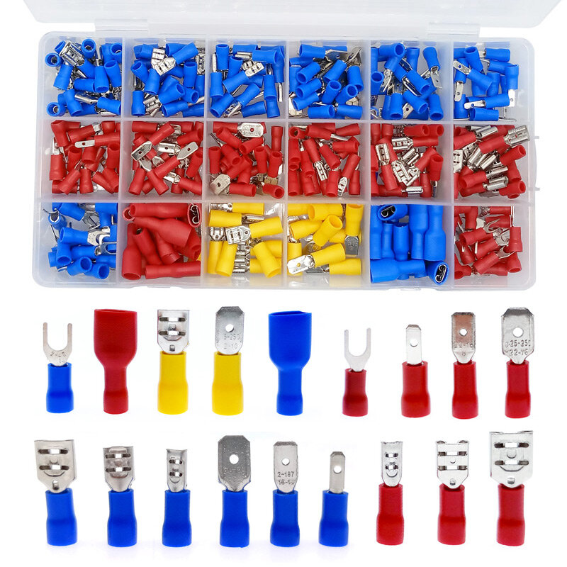 Terminais tipo U sortidos Conectores Kit de sortimento, garfo tipo U, garfo totalmente isolado, crimp elétrico, anel de pá, 330 peças