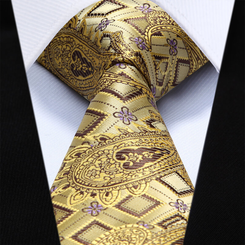 Party Wedding Classic Pocket Square Tie TFC013D8S Gold Check 3.4" Silk Woven Men Tie Necktie Handkerchief Set