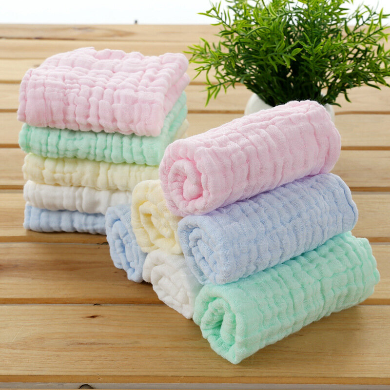 Toalla cuadrada de algodón de gasa de seis capas para niños, pañuelo plegable, estampado liso, toalla de saliva
