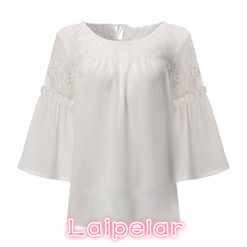Laipelar-قميص نسائي صيفي ، قميص شيفون مرقع ، دانتيل ، لون عادي ، أبيض ، مقاس كبير