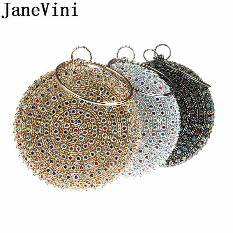 JaneVini 다채로운 비즈 숙녀 클러치 핸드백 여자 골드 라운드 체인 가방 부티크 칵테일 웨딩 파티 금속 클러치 블랙
