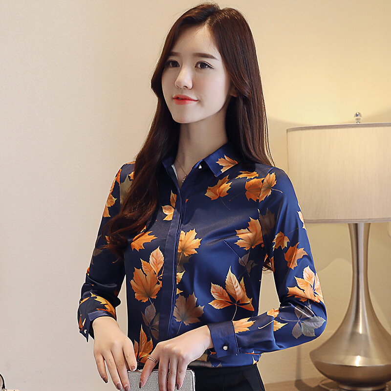 Spring fall elegant soft maple print chiffon shirt 2019 new arrival korea style long sleeve plus size sweet lady casual blouse