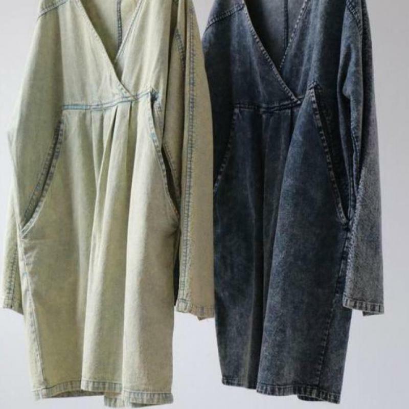 USWMIE-Jersey de manga larga con cuello en V para mujer, ropa básica de vaquero con lavado chino modificado, Estilo Vintage, informal, 2020