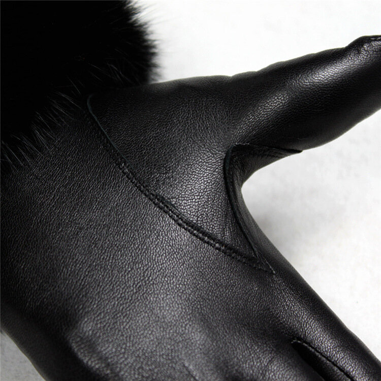 Luxe Bont Touch Screen vrouwen Echt Lederen Handschoenen Winter Vrouwelijke Schapenvacht Lederen Handschoenen met Konijnenbont Dames Wanten