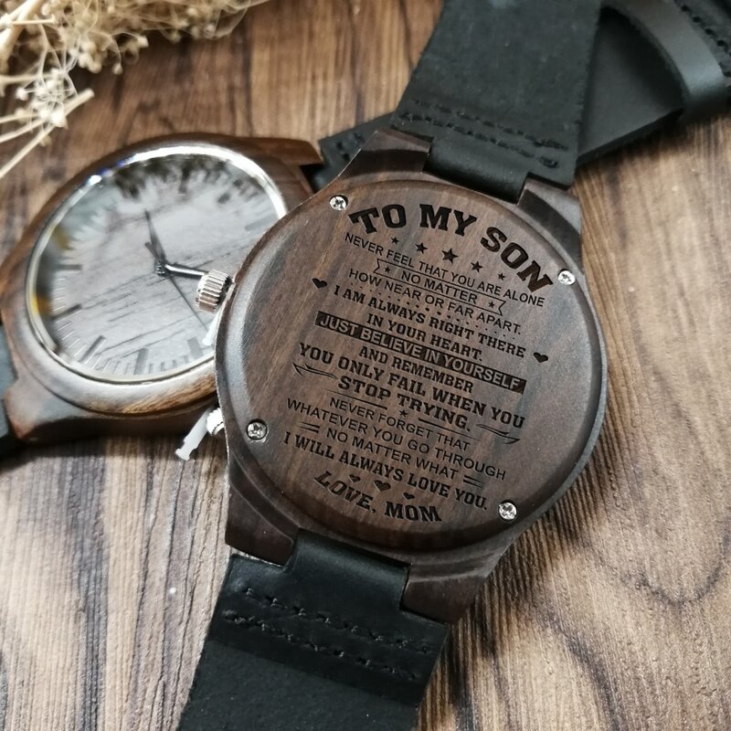 NEVER FORGET THAT I LOVE YOU - FROM MOM TO SON ENGRAVED WOODEN WATCH