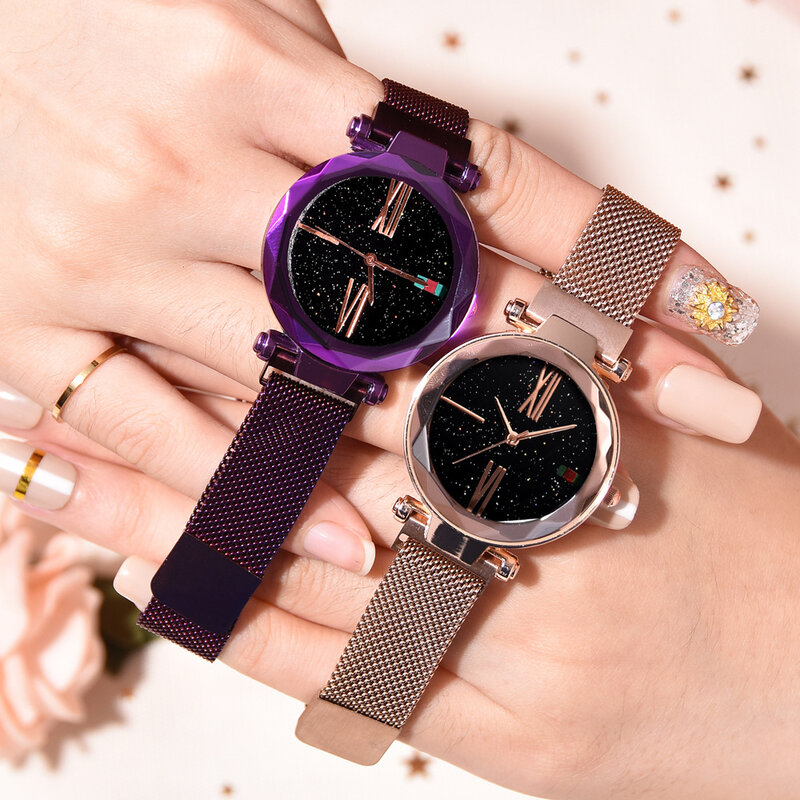 Gwiaździste niebo zegarek kobieta magnetyczna stal z różowego złota Watchband moda damska zegarki kwarcowe kobieta cyfra rzymska reloj mujer