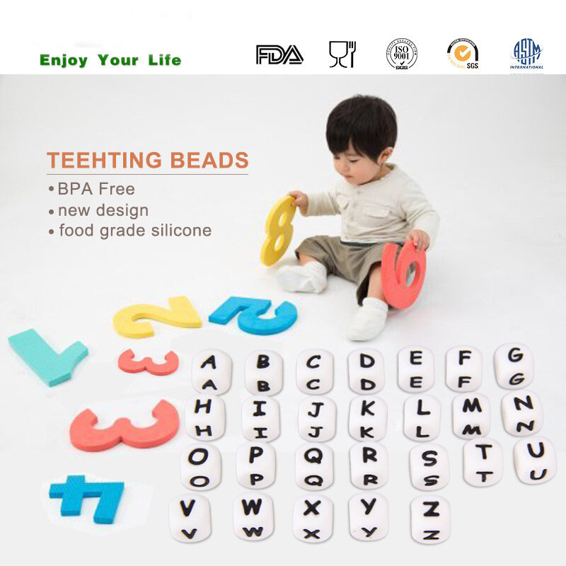 30pc Alphabet Diy 12mm cube Letter Silicone Teething Beads Bpa Free  Bead For Baby Teether Necklace And Pacifier Chain