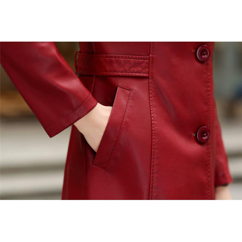 Split couro trench feminino 2021 outono e inverno feminino casaco de pele de carneiro médio-longo plus tamanho três botão outerwear 5xl 6xl