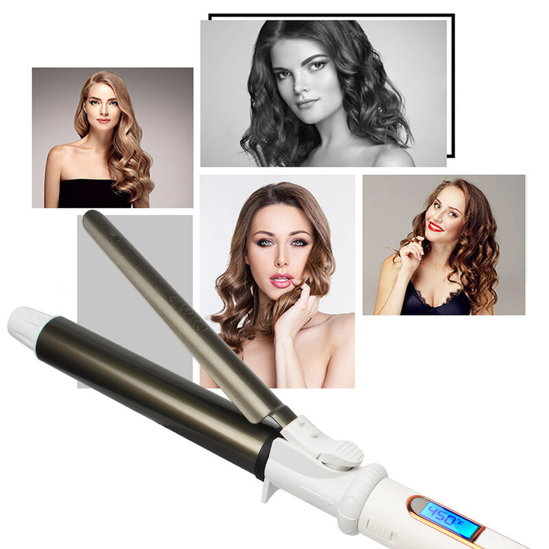 Ushow Curling Iron with Tourmaline Ceramic Technology and Digital Controls with Heat Resistant Silicone Mat