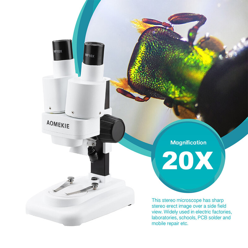 Aomekie microscópio estéreo 20x, binocular com led para pcb ferramenta de solda, de reparo de telefone móvel, slides de material mineral assistir