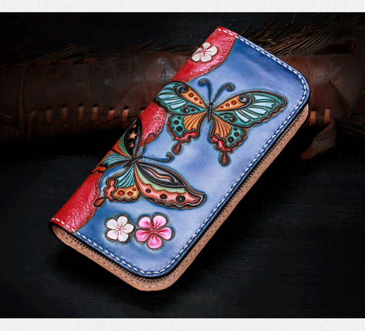 Billeteras de cuero genuino para mujer, bolso con cremallera, estampado de flores, mariposa tallada, bolso de mano, cuero curtido vegetal, regalo de madre