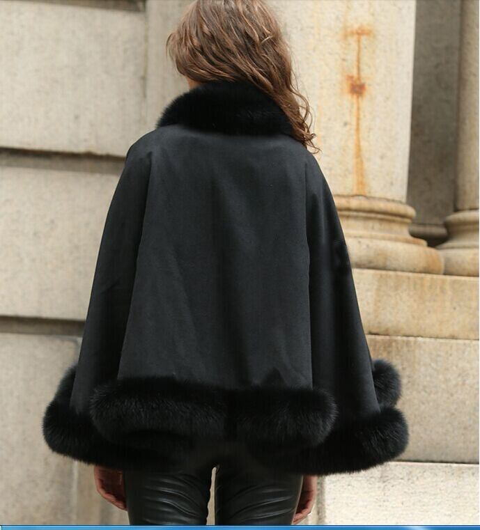 Chal de Cachemira auténtica para mujer, abrigo de piel de zorro, Poncho cálido de invierno, color negro